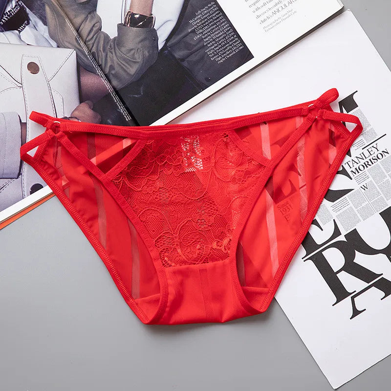 Ladies Striped Ice Silk Underpants Sexy Hollow Out Women's Underwear Embroidery Lace Knickers Seamless Wrap Buttocks Briefs