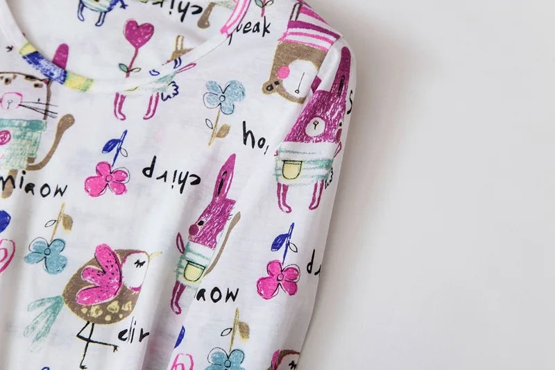 Knitted Cotton Women Plus Size Lingere Nightgown Loose Nightdress Long Sleeve Night Gown Cute Cartoon Home Dress Sexy Sleepwear