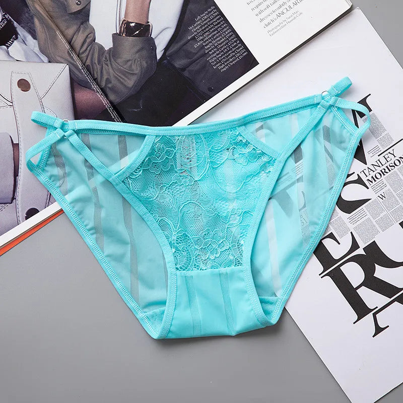 Ladies Striped Ice Silk Underpants Sexy Hollow Out Women's Underwear Embroidery Lace Knickers Seamless Wrap Buttocks Briefs