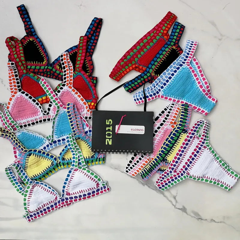 High Quality Women Handmade Crochet Bikini Set Cotton Crochet Colorful Sexy Boho Swimwear Vacation Beachwear Bathing Suit