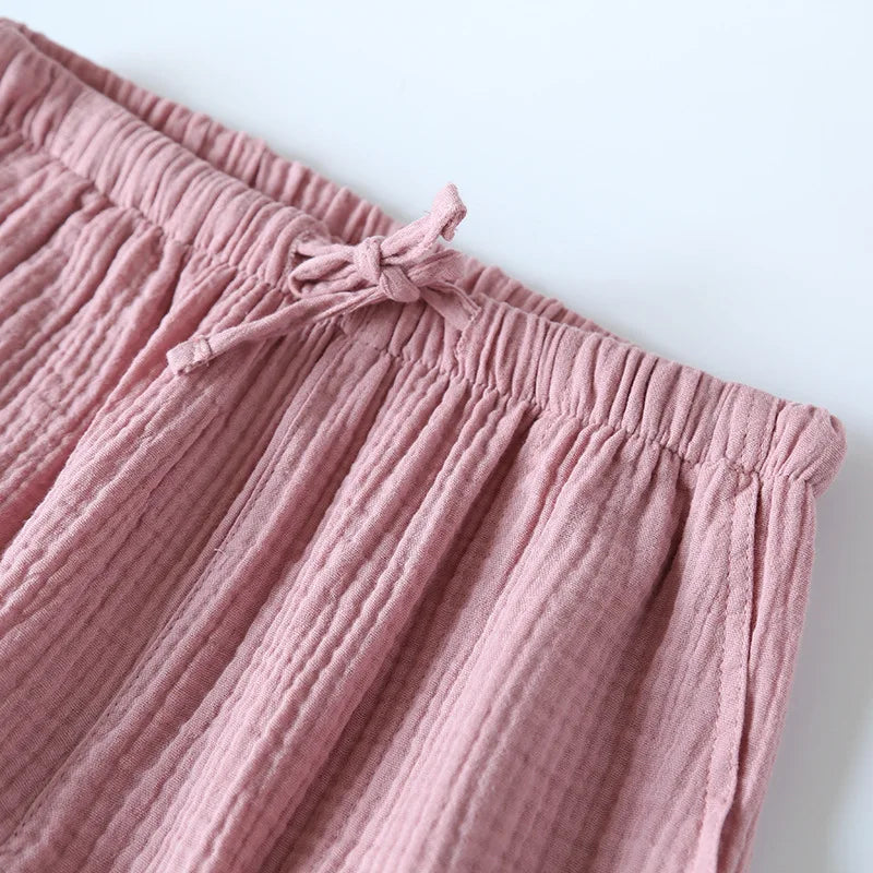 Women Summer Shorts Cotton Double-layer Gauze Sleep Bottoms Thin Loose-fitting Pajama Pants Home Pants Solid Sleep Shorts