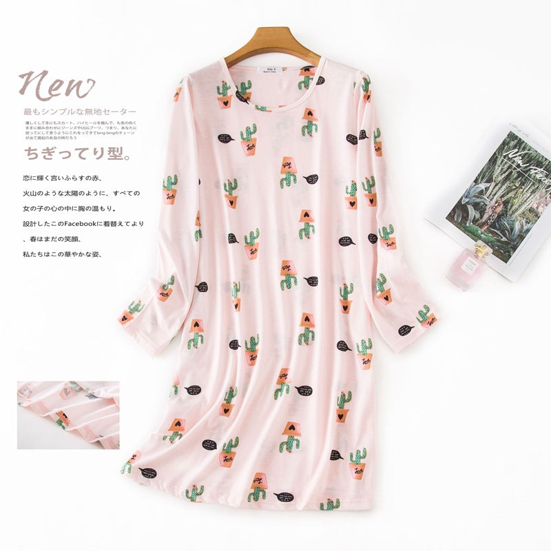 Knitted Cotton Women Plus Size Lingere Nightgown Loose Nightdress Long Sleeve Night Gown Cute Cartoon Home Dress Sexy Sleepwear