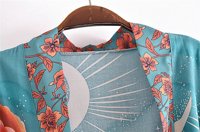 Vintage Chic Women Star and Moon Floral Print Bat Sleeve Beach Bohemian Kimono Dress Robe Ladies Summer Boho Bikini Cover-ups