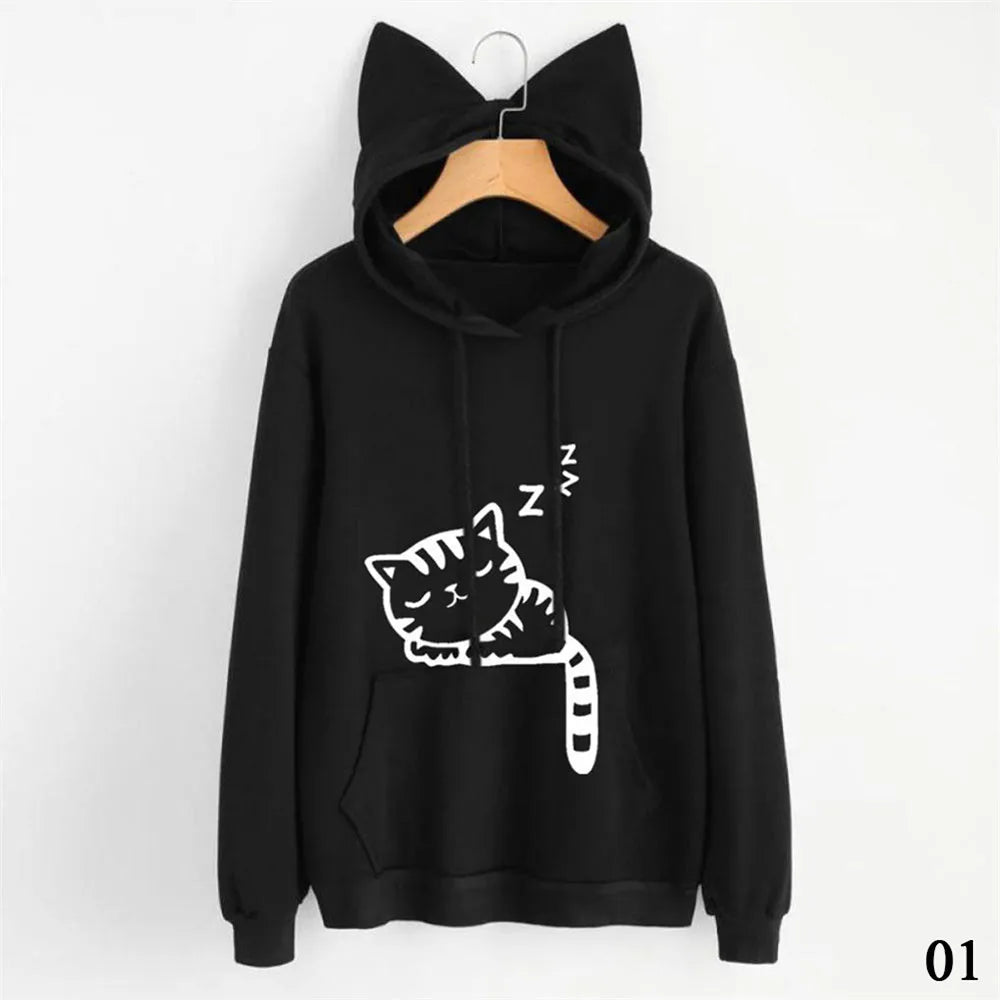 Women Sweatshirt Cat Ear Funny Hoodie Mujer Tracksuits Kawaii Print Cat Cartoon Feminino Fashion Autumn Sweatshirts #256785