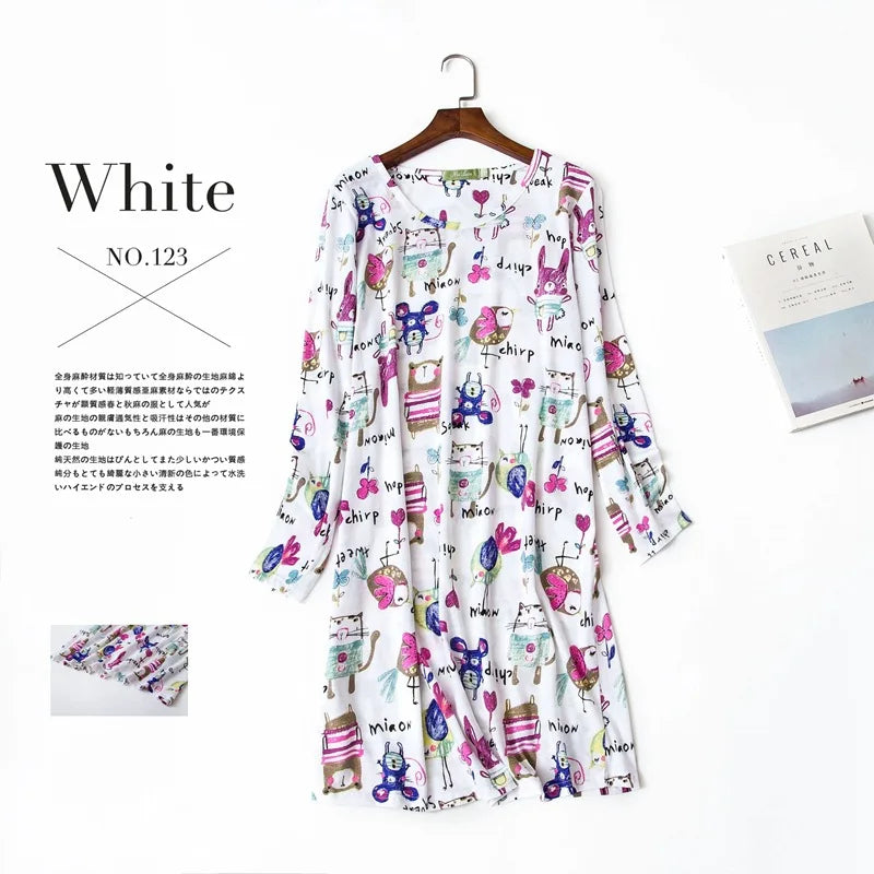 Knitted Cotton Women Plus Size Lingere Nightgown Loose Nightdress Long Sleeve Night Gown Cute Cartoon Home Dress Sexy Sleepwear