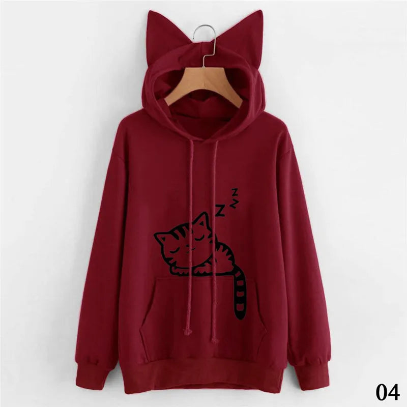 Women Sweatshirt Cat Ear Funny Hoodie Mujer Tracksuits Kawaii Print Cat Cartoon Feminino Fashion Autumn Sweatshirts #256785