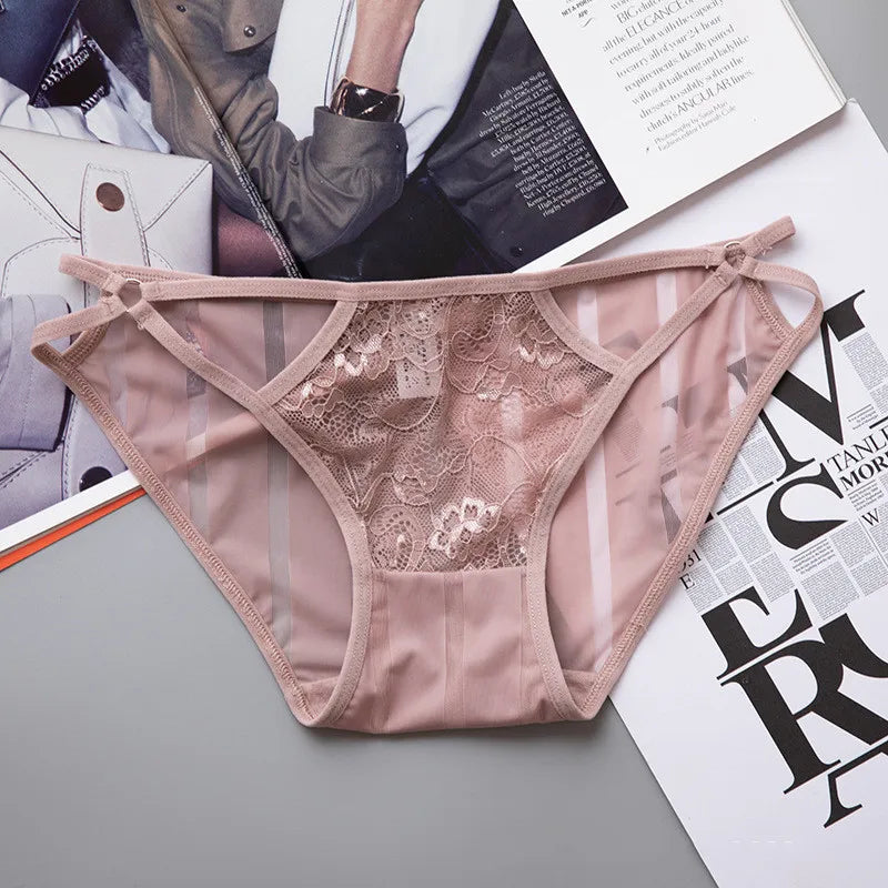 Ladies Striped Ice Silk Underpants Sexy Hollow Out Women's Underwear Embroidery Lace Knickers Seamless Wrap Buttocks Briefs