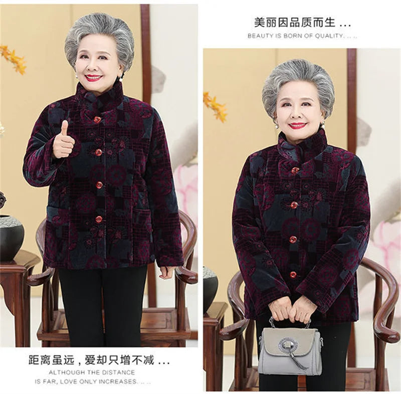 Grandma's Winter Parka Coat Corduroy Clothes Female Mid-Aged And Elderly Thicken Mother Autumn Coat Cotton-Padded Jacket Print