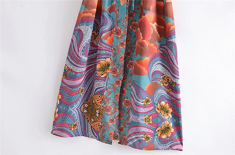 Vintage Chic Women Star and Moon Floral Print Bat Sleeve Beach Bohemian Kimono Dress Robe Ladies Summer Boho Bikini Cover-ups