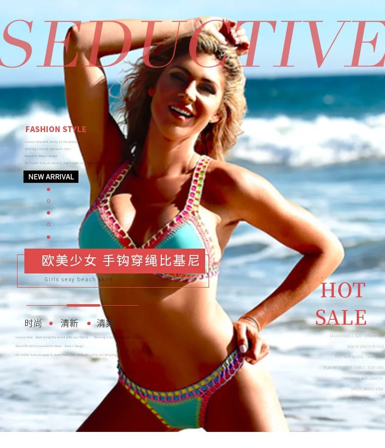 Turquoise Women Sexy Neoprene Triangle Swimsuit Swimming Wear Set Crochet Bikini Beachwear Bathing Suit For Vacation Wear