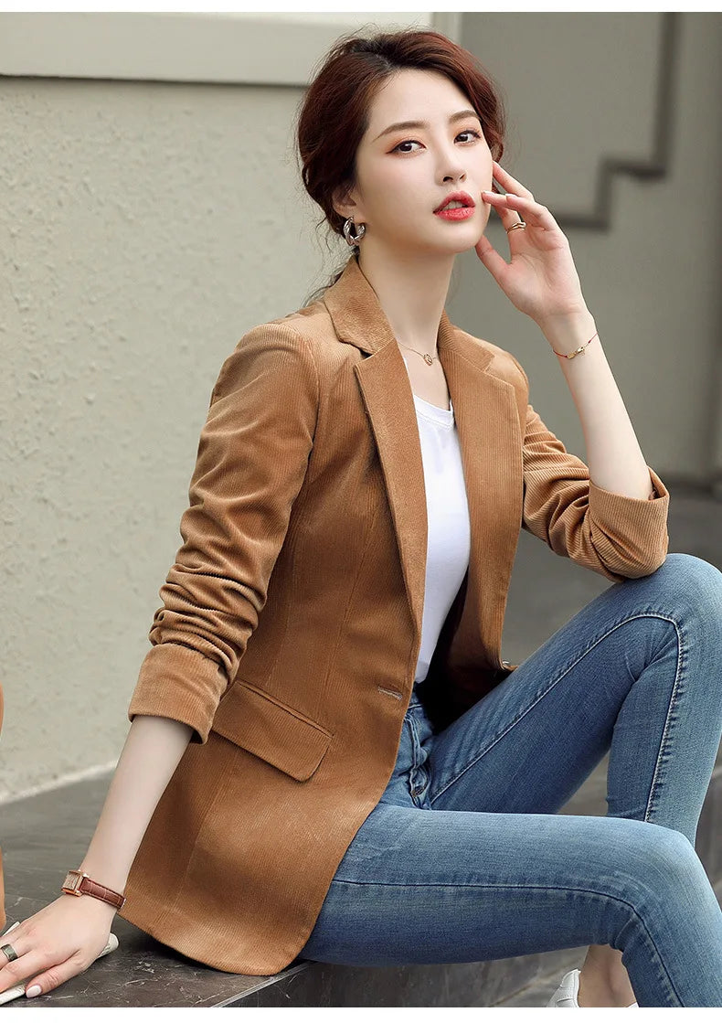 Women's Long-Sleeved Corduroy Jacket, Casual Small Suit, Formal Wear, Slim, Slimming Monochromatic, Fashion, Spring, Autumn, New