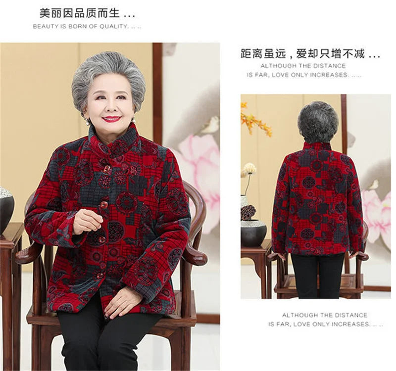 Grandma's Winter Parka Coat Corduroy Clothes Female Mid-Aged And Elderly Thicken Mother Autumn Coat Cotton-Padded Jacket Print