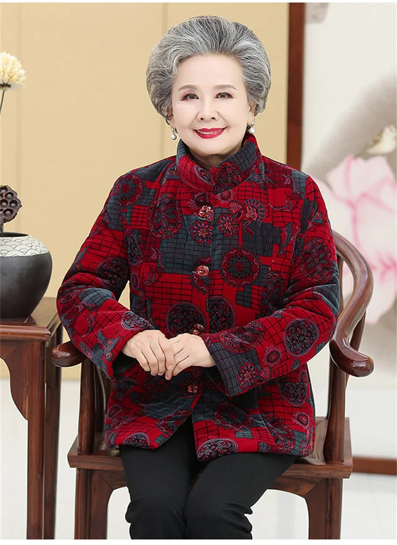 Grandma's Winter Parka Coat Corduroy Clothes Female Mid-Aged And Elderly Thicken Mother Autumn Coat Cotton-Padded Jacket Print