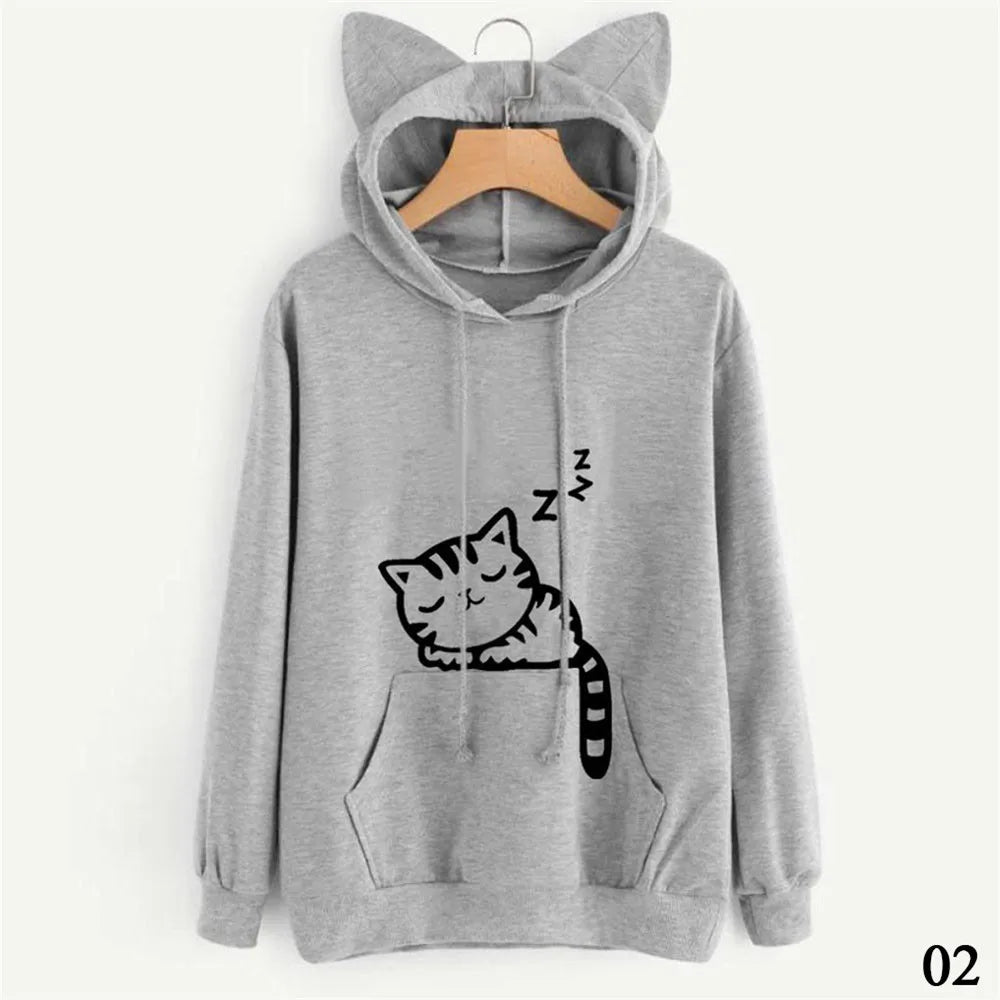 Women Sweatshirt Cat Ear Funny Hoodie Mujer Tracksuits Kawaii Print Cat Cartoon Feminino Fashion Autumn Sweatshirts #256785