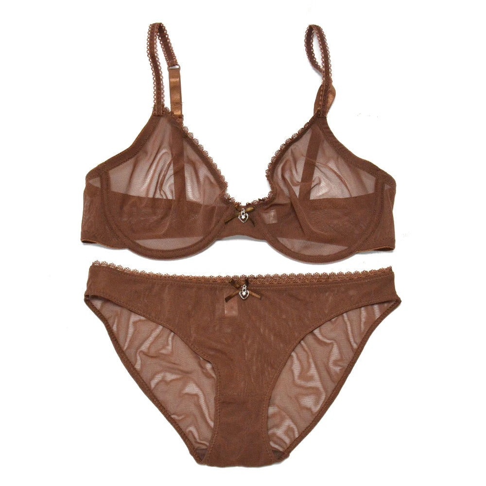 YANDW Mesh Sexy Bra Panties Sale Separated Women Lace Underwear Bralette Plus Size Transparent B C D E F 75 80 85 90 95 100