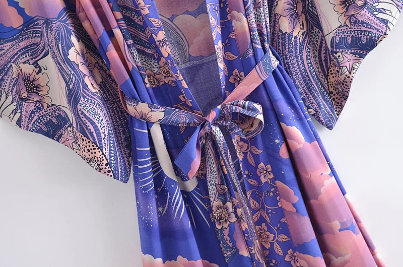 Vintage Chic Women Star and Moon Floral Print Bat Sleeve Beach Bohemian Kimono Dress Robe Ladies Summer Boho Bikini Cover-ups