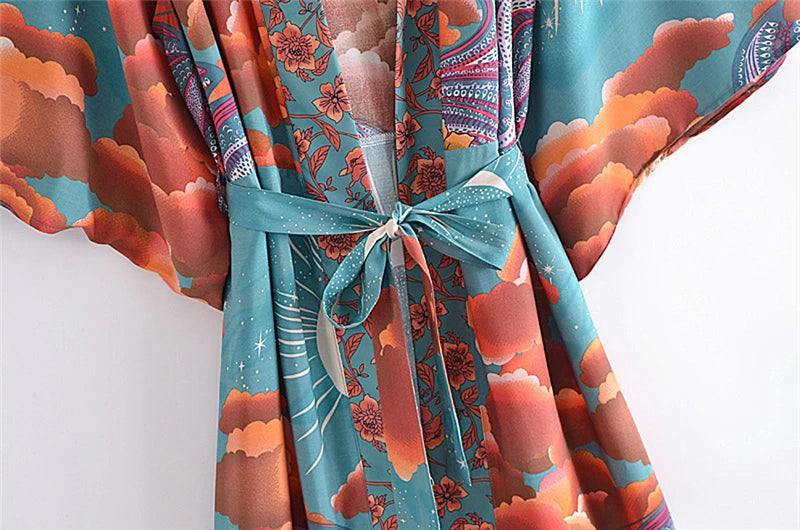 Vintage Chic Women Star and Moon Floral Print Bat Sleeve Beach Bohemian Kimono Dress Robe Ladies Summer Boho Bikini Cover-ups