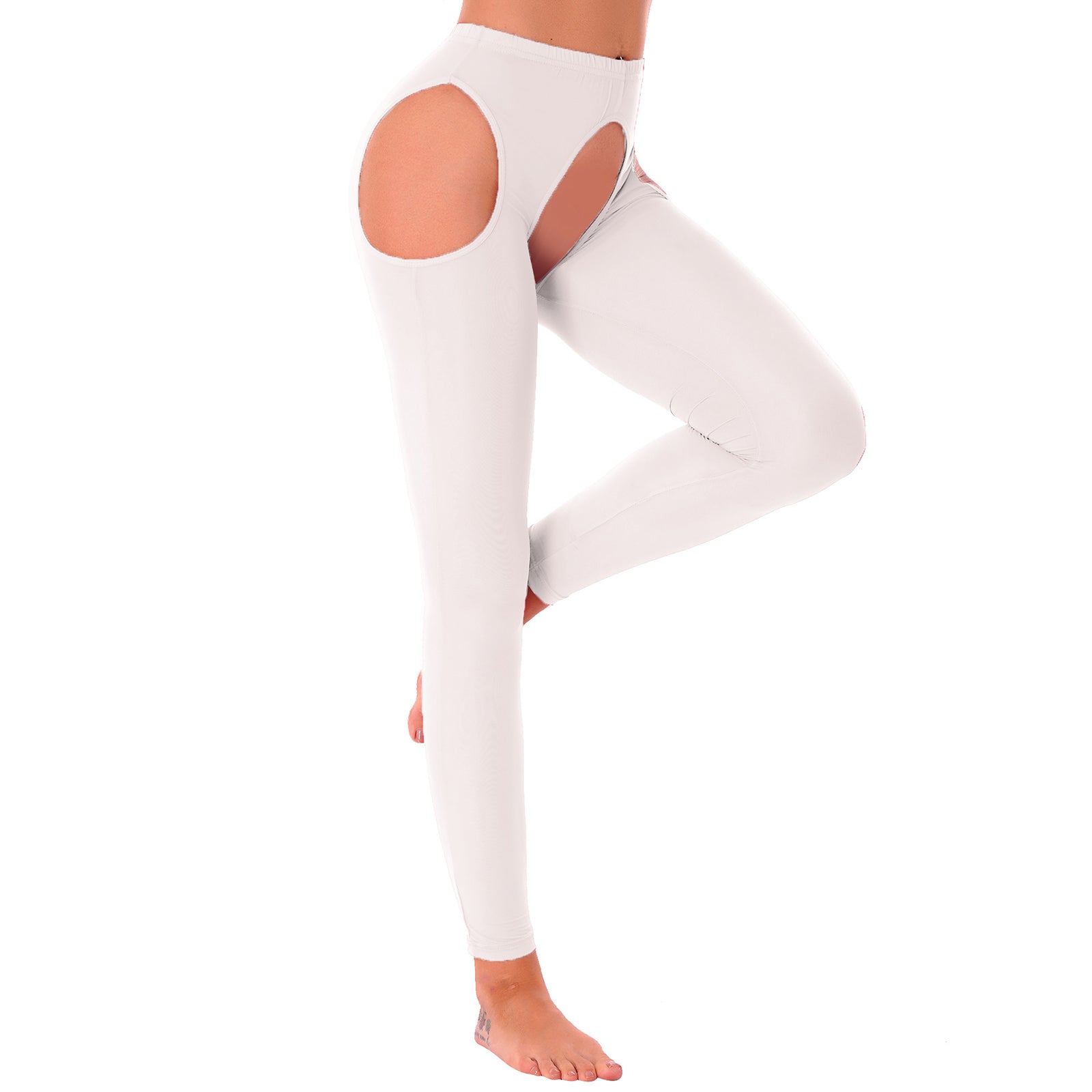 Womens Crotchless Leggings Thigh High Stockings Ice Silk High Waist Tights Suspenders Pantyhose Hollow Out Footed Long Pants