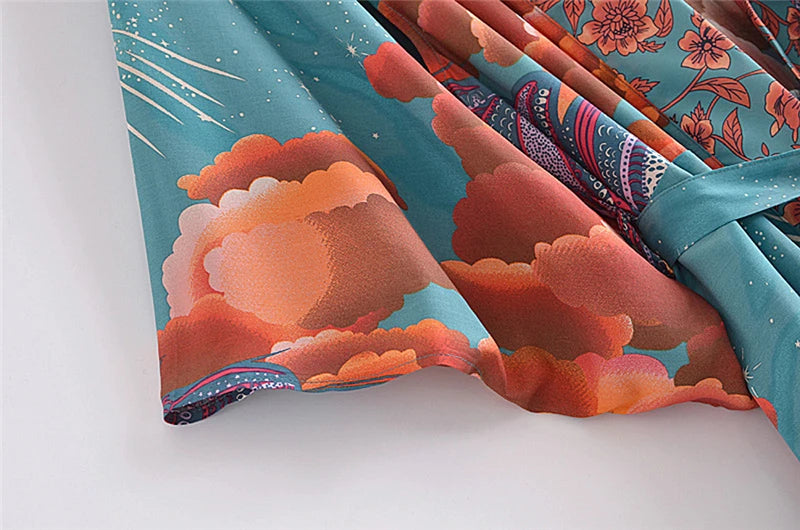 Vintage Chic Women Star and Moon Floral Print Bat Sleeve Beach Bohemian Kimono Dress Robe Ladies Summer Boho Bikini Cover-ups