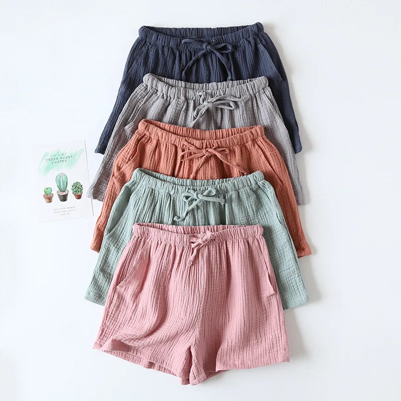 Women Summer Shorts Cotton Double-layer Gauze Sleep Bottoms Thin Loose-fitting Pajama Pants Home Pants Solid Sleep Shorts