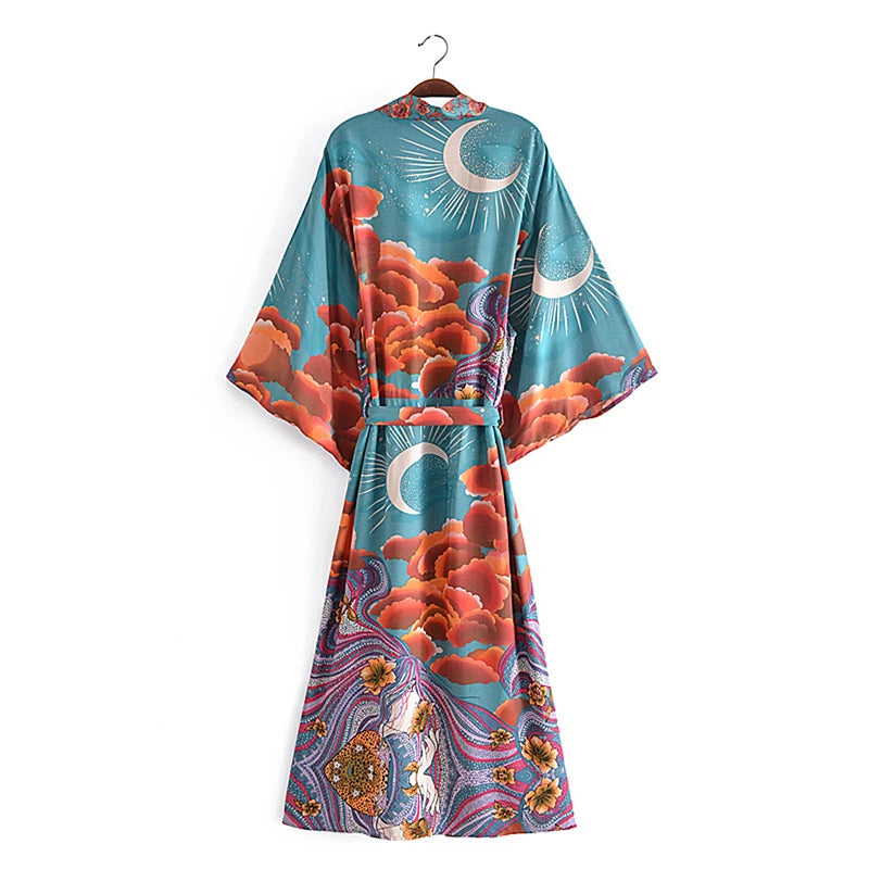 Vintage Chic Women Star and Moon Floral Print Bat Sleeve Beach Bohemian Kimono Dress Robe Ladies Summer Boho Bikini Cover-ups