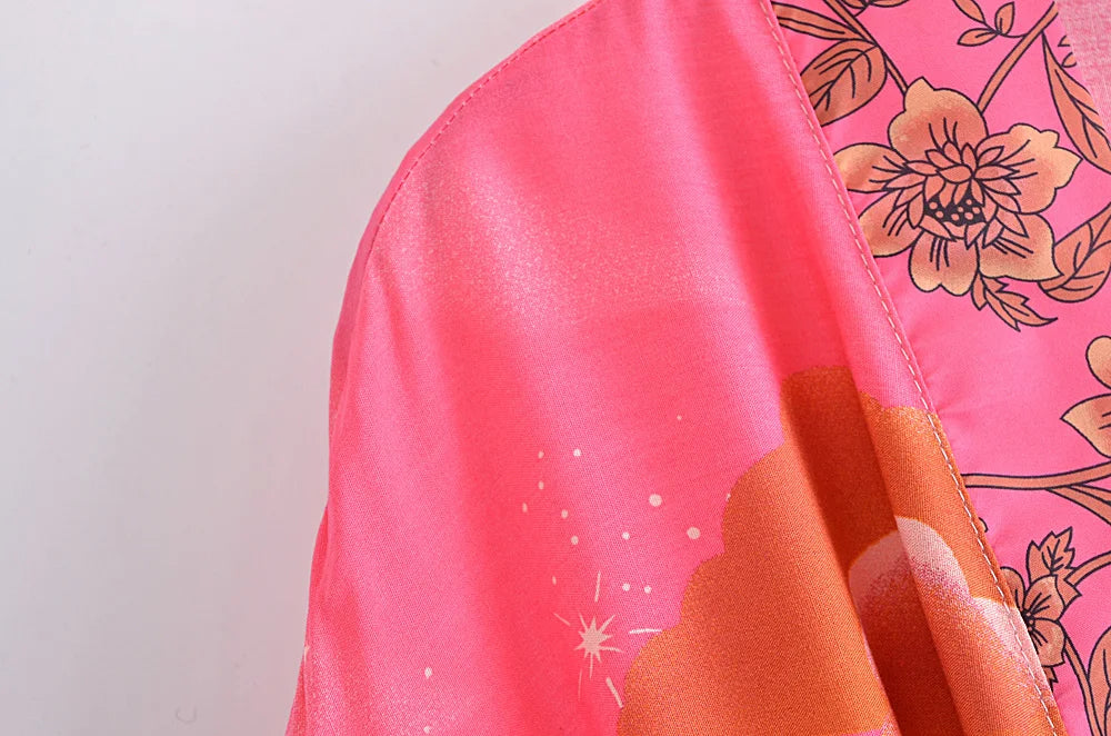 Vintage Chic Women Star and Moon Floral Print Bat Sleeve Beach Bohemian Kimono Dress Robe Ladies Summer Boho Bikini Cover-ups