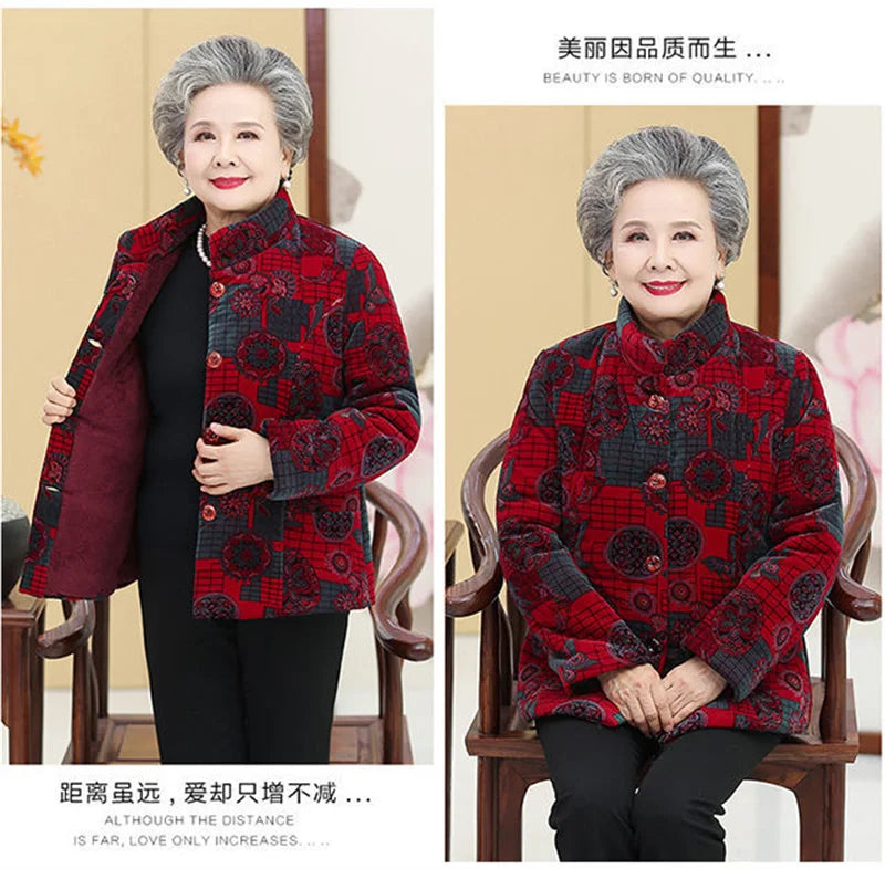 Grandma's Winter Parka Coat Corduroy Clothes Female Mid-Aged And Elderly Thicken Mother Autumn Coat Cotton-Padded Jacket Print