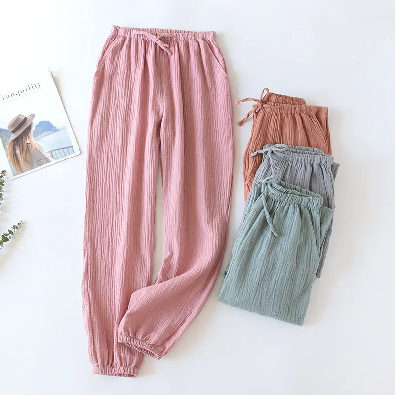 100% Cotton Pajamas Sleep Bottoms Spring Women's Loose Leggings New Casual Slim Home Pants Elastic Waist Solid Thin Sleepwear