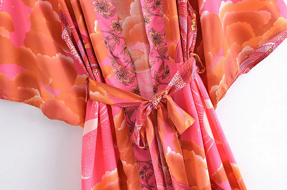 Vintage Chic Women Star and Moon Floral Print Bat Sleeve Beach Bohemian Kimono Dress Robe Ladies Summer Boho Bikini Cover-ups