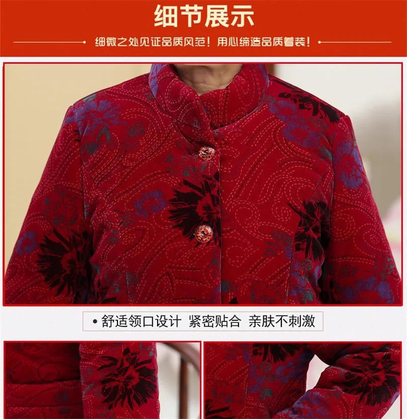 Grandma's Winter Parka Coat Corduroy Clothes Female Mid-Aged And Elderly Thicken Mother Autumn Coat Cotton-Padded Jacket Print