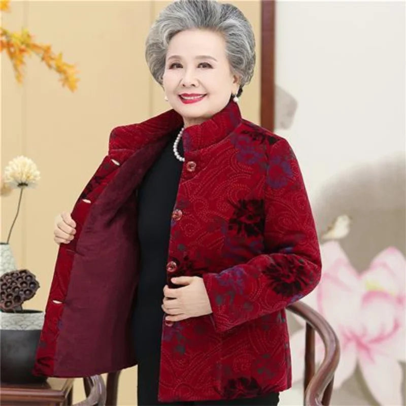 Grandma's Winter Parka Coat Corduroy Clothes Female Mid-Aged And Elderly Thicken Mother Autumn Coat Cotton-Padded Jacket Print