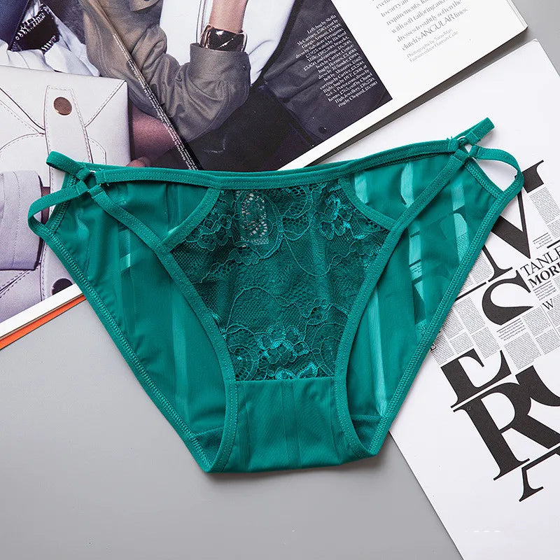Ladies Striped Ice Silk Underpants Sexy Hollow Out Women's Underwear Embroidery Lace Knickers Seamless Wrap Buttocks Briefs