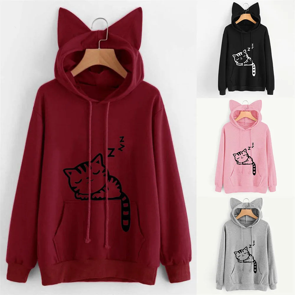 Women Sweatshirt Cat Ear Funny Hoodie Mujer Tracksuits Kawaii Print Cat Cartoon Feminino Fashion Autumn Sweatshirts #256785