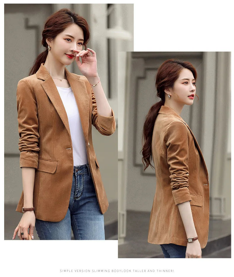 Women's Long-Sleeved Corduroy Jacket, Casual Small Suit, Formal Wear, Slim, Slimming Monochromatic, Fashion, Spring, Autumn, New