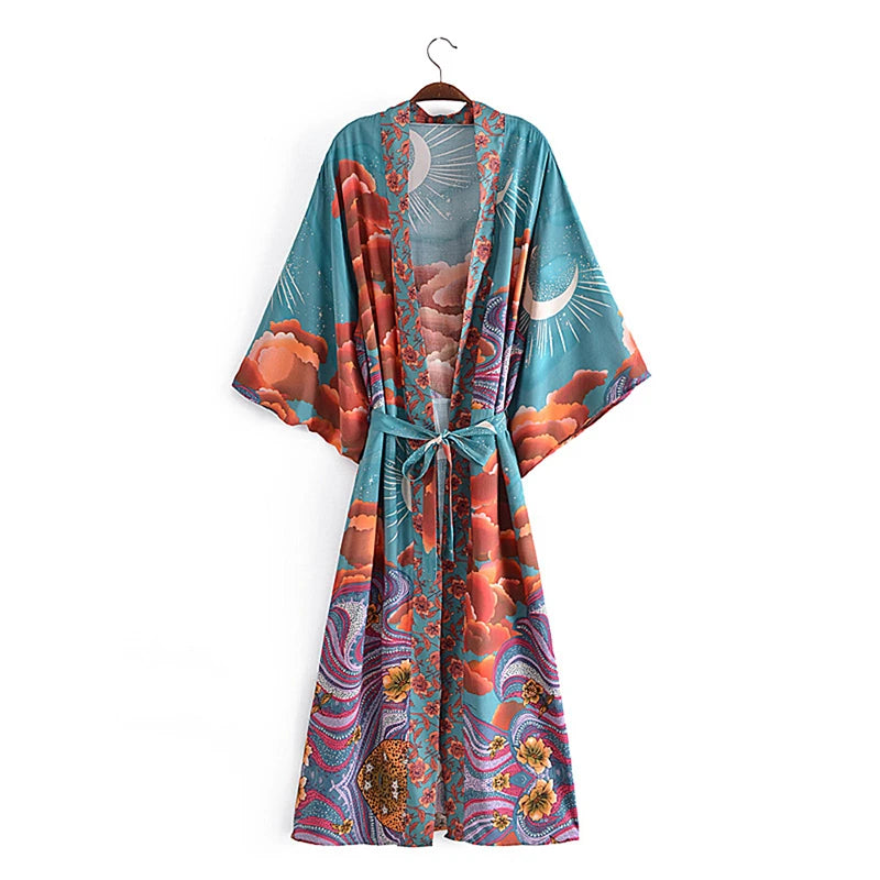 Vintage Chic Women Star and Moon Floral Print Bat Sleeve Beach Bohemian Kimono Dress Robe Ladies Summer Boho Bikini Cover-ups