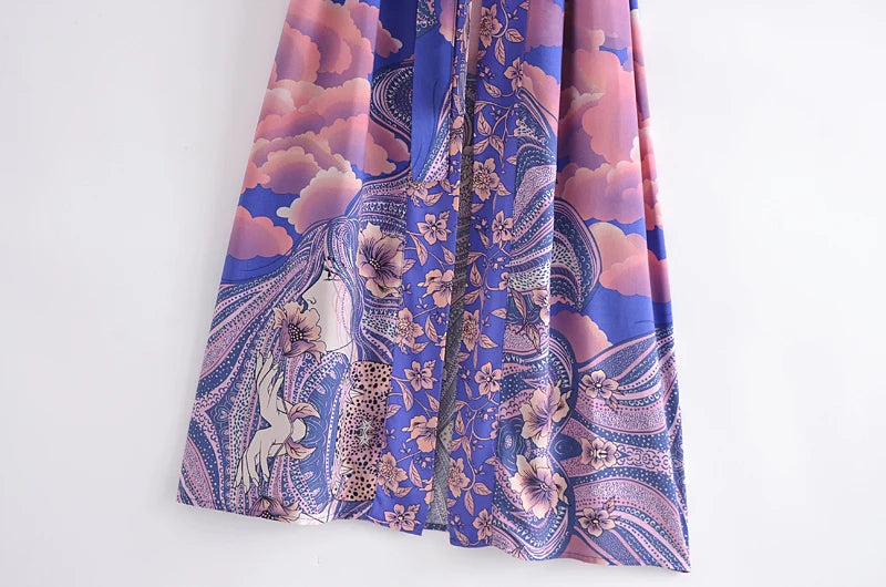 Vintage Chic Women Star and Moon Floral Print Bat Sleeve Beach Bohemian Kimono Dress Robe Ladies Summer Boho Bikini Cover-ups