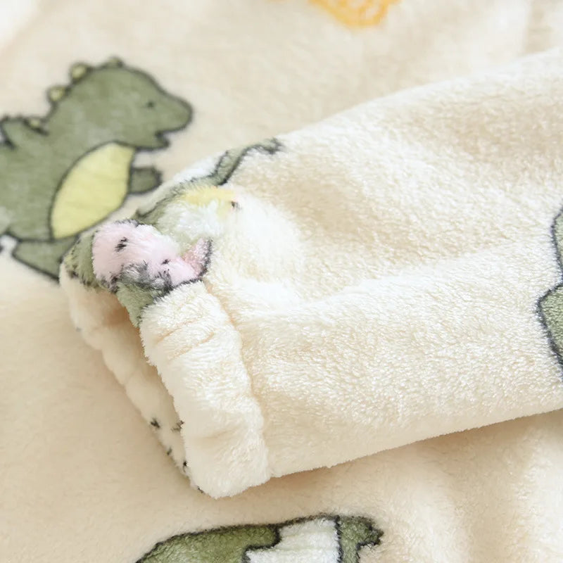 New Autumn And Winter Ladies Flannel Pajamas Long-sleeved Trousers Two-piece Cartoon Dinosaur Warmth Thickening Home Service Set