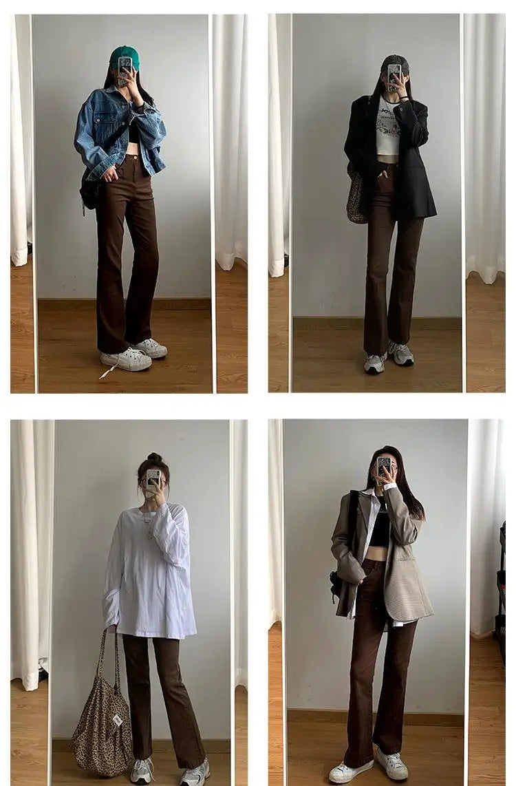 Jeans Women Denim Brown Fashion All-match Boot Cut Spring Autumn Trousers High Waist Skinny Elasticity Korean Style  Street