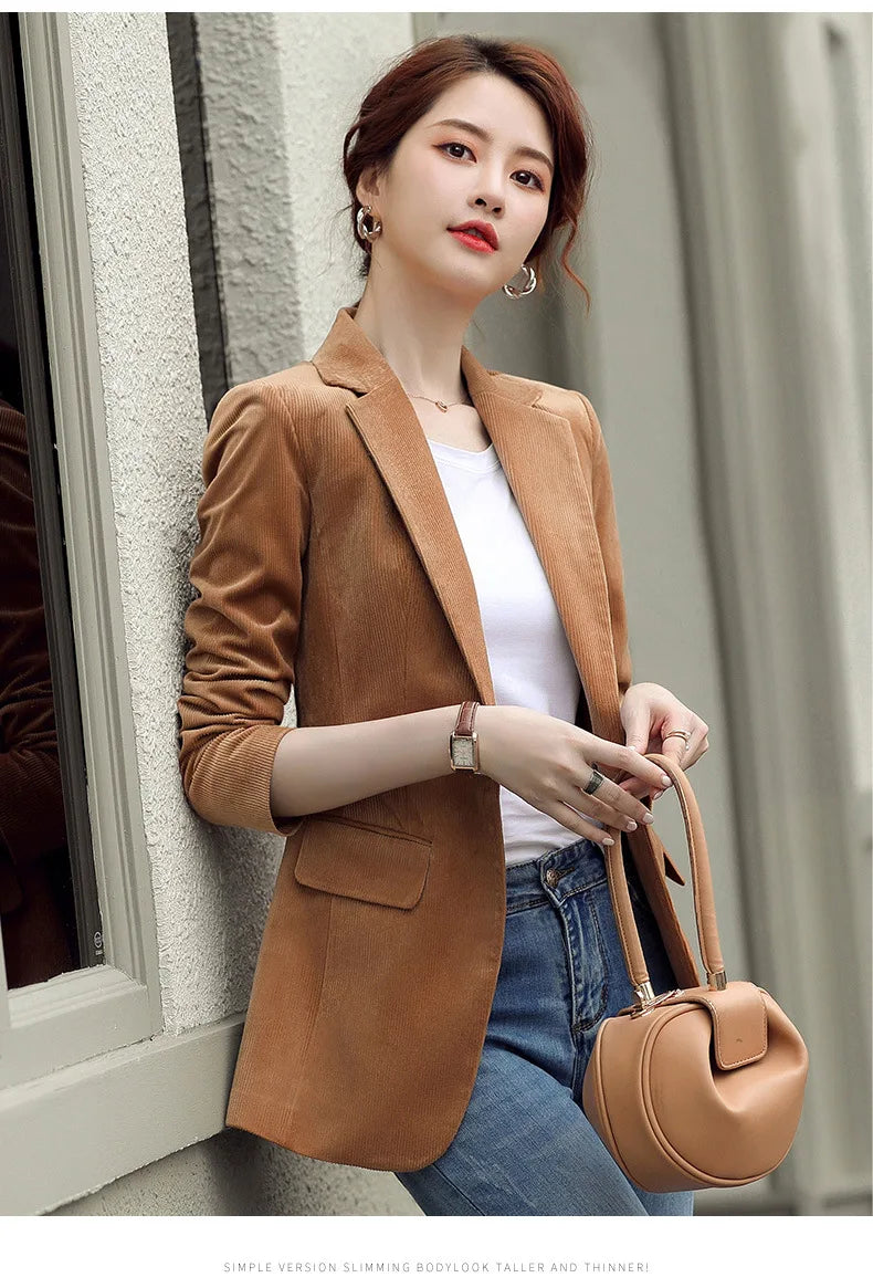 Women's Long-Sleeved Corduroy Jacket, Casual Small Suit, Formal Wear, Slim, Slimming Monochromatic, Fashion, Spring, Autumn, New