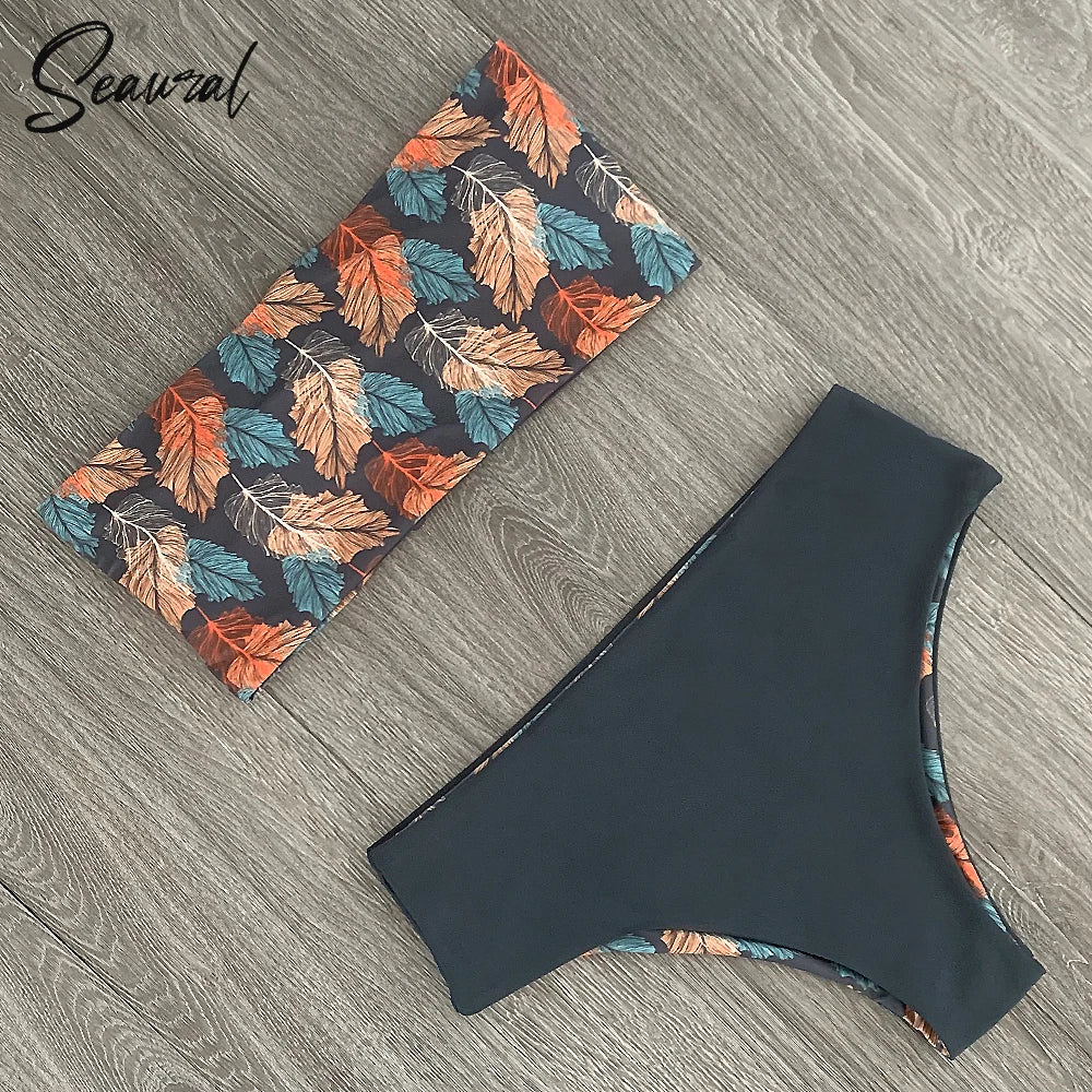 2025 New Sexy Low Hight Bikini Set Swimwear Women Bandeau Female Print Floral Strappy Swimsuit Bathing Suit Beach Wear Biquini