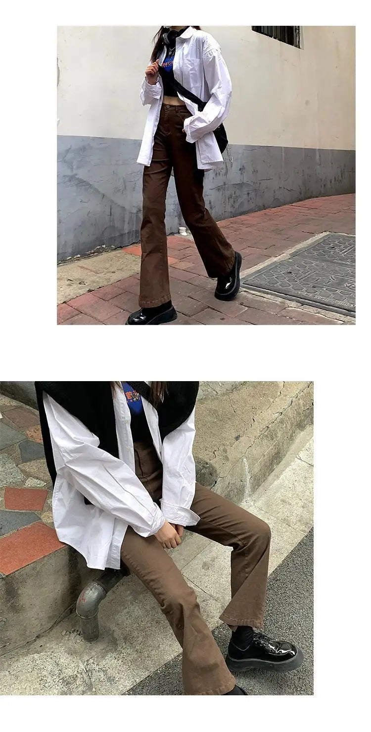 Jeans Women Denim Brown Fashion All-match Boot Cut Spring Autumn Trousers High Waist Skinny Elasticity Korean Style  Street