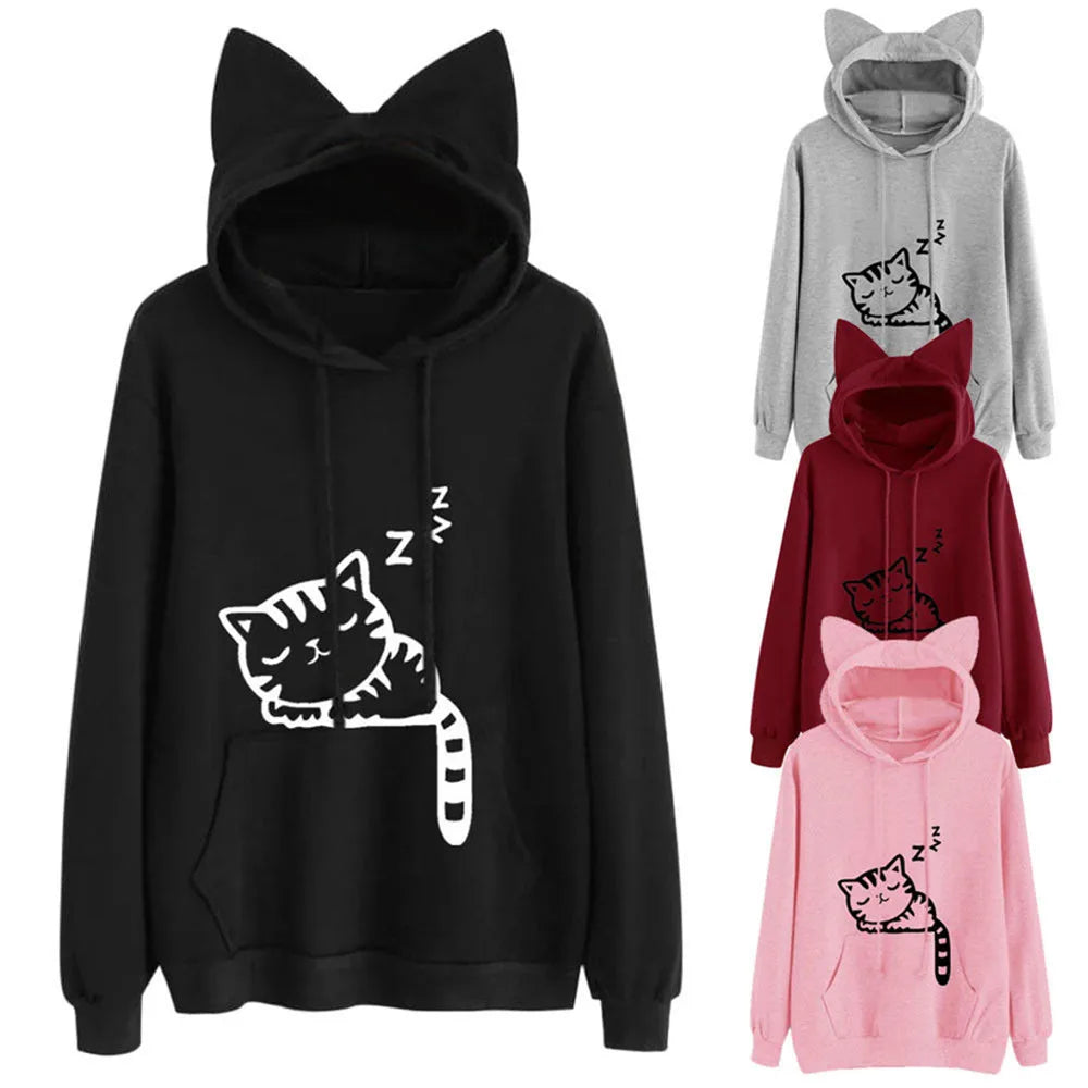 Women Sweatshirt Cat Ear Funny Hoodie Mujer Tracksuits Kawaii Print Cat Cartoon Feminino Fashion Autumn Sweatshirts #256785