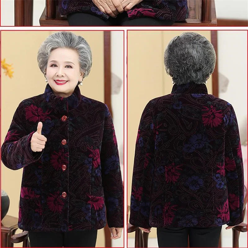 Grandma's Winter Parka Coat Corduroy Clothes Female Mid-Aged And Elderly Thicken Mother Autumn Coat Cotton-Padded Jacket Print