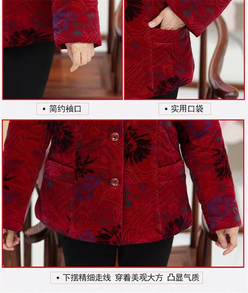 Grandma's Winter Parka Coat Corduroy Clothes Female Mid-Aged And Elderly Thicken Mother Autumn Coat Cotton-Padded Jacket Print