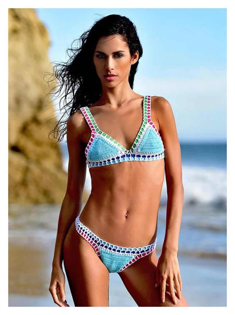 High Quality Women Handmade Crochet Bikini Set Cotton Crochet Colorful Sexy Boho Swimwear Vacation Beachwear Bathing Suit