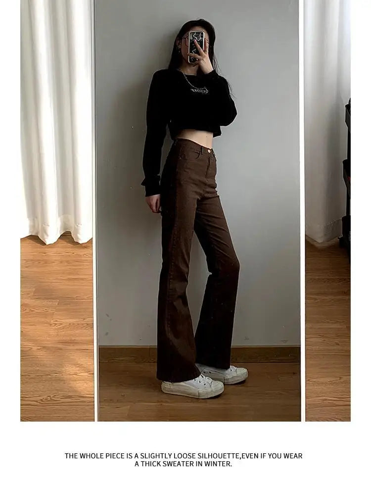 Jeans Women Denim Brown Fashion All-match Boot Cut Spring Autumn Trousers High Waist Skinny Elasticity Korean Style  Street