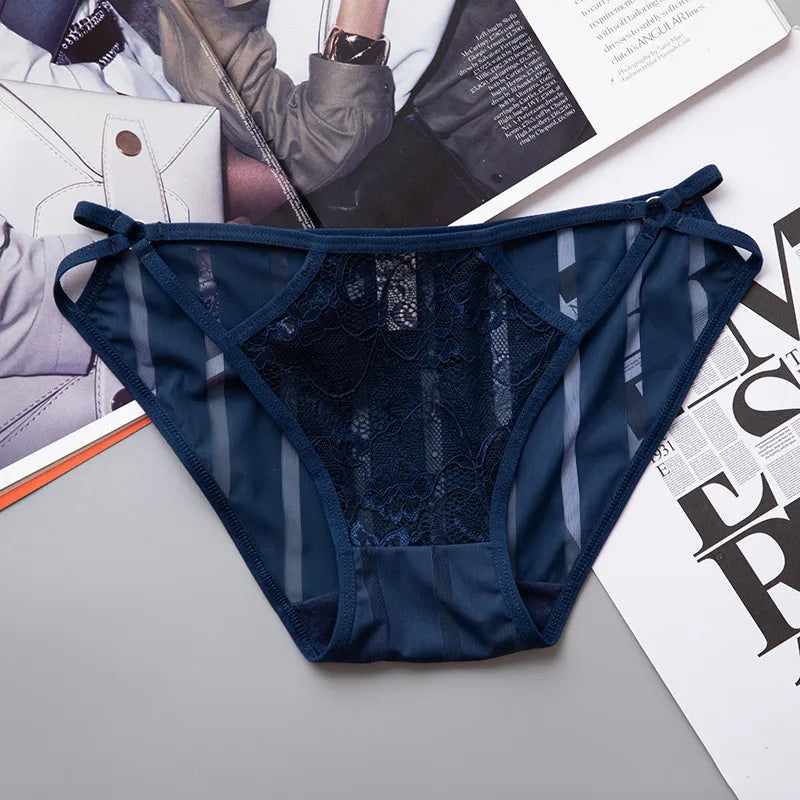 Ladies Striped Ice Silk Underpants Sexy Hollow Out Women's Underwear Embroidery Lace Knickers Seamless Wrap Buttocks Briefs