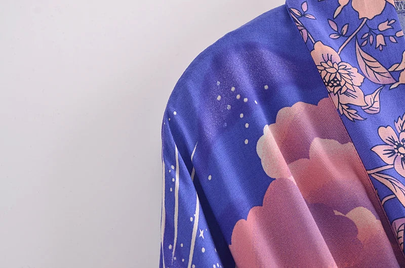 Vintage Chic Women Star and Moon Floral Print Bat Sleeve Beach Bohemian Kimono Dress Robe Ladies Summer Boho Bikini Cover-ups