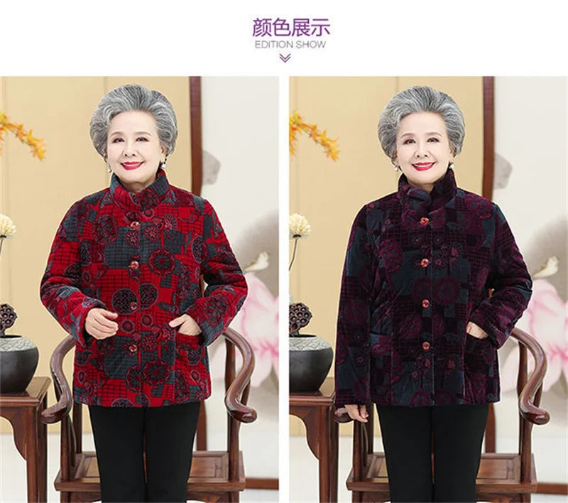 Grandma's Winter Parka Coat Corduroy Clothes Female Mid-Aged And Elderly Thicken Mother Autumn Coat Cotton-Padded Jacket Print