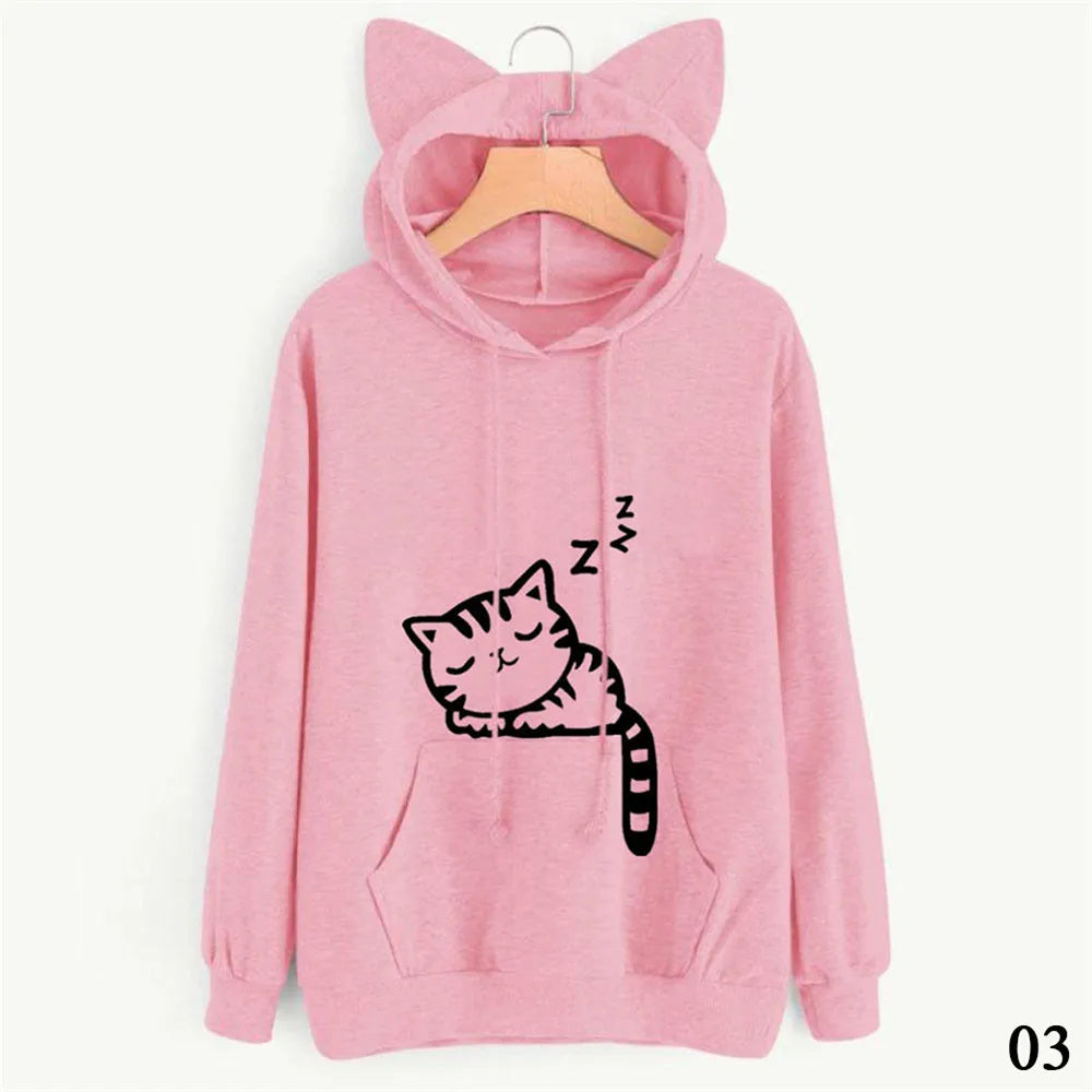 Women Sweatshirt Cat Ear Funny Hoodie Mujer Tracksuits Kawaii Print Cat Cartoon Feminino Fashion Autumn Sweatshirts #256785